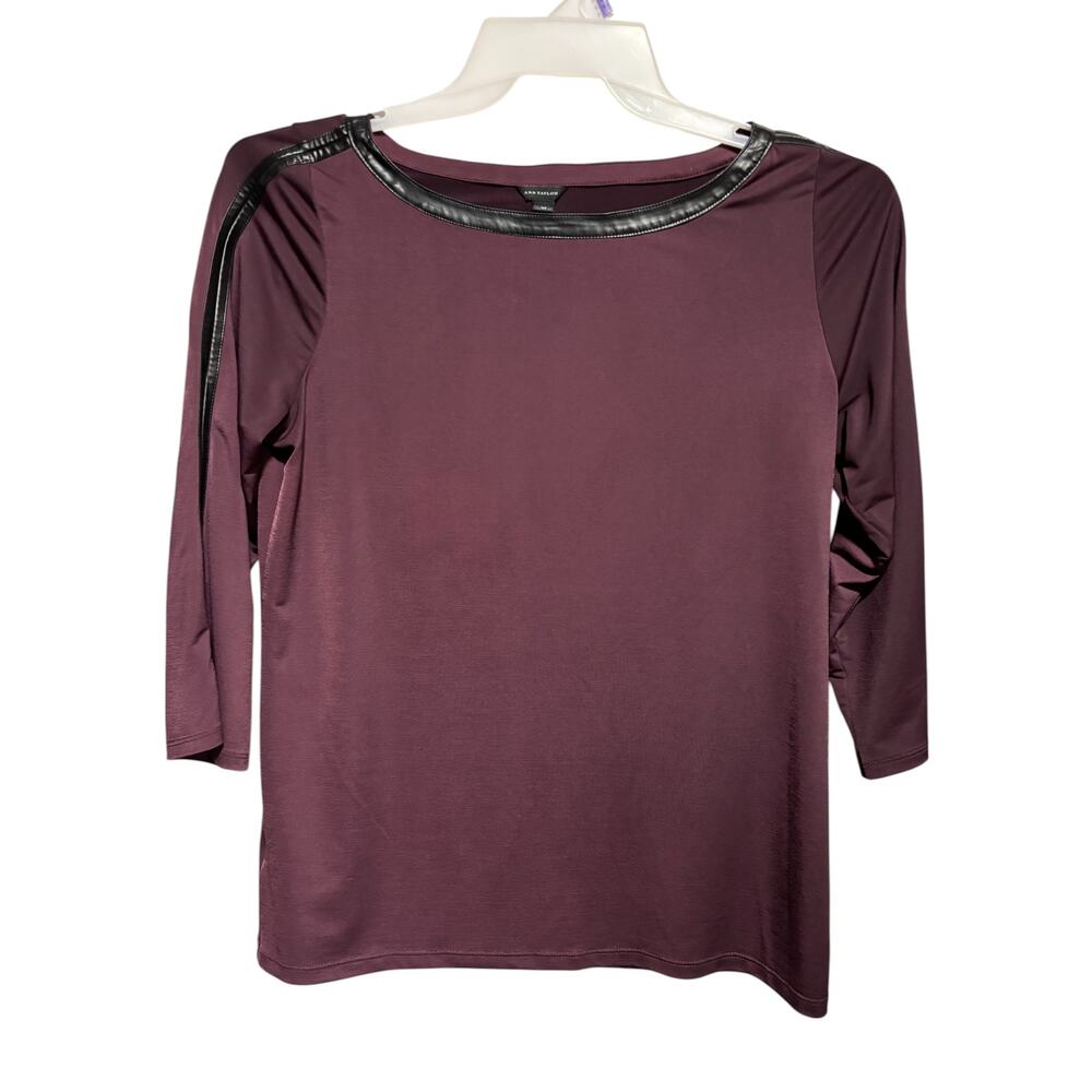 Ann Taylor Maroon Black pLeather Trim 3/4 Sleeve Stretch Top Sz M